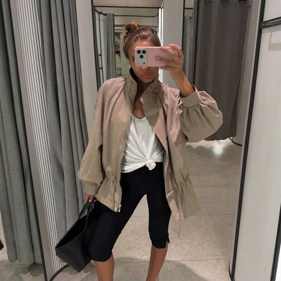 Damen Jacke Beige mit Tunnelzug Ballonärmel Stehkragen Kurz Übergangsjacke