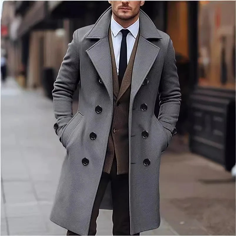 Herren Mantel Lang Zweireiher Dunkelgrau Herbst Winter Überzieher