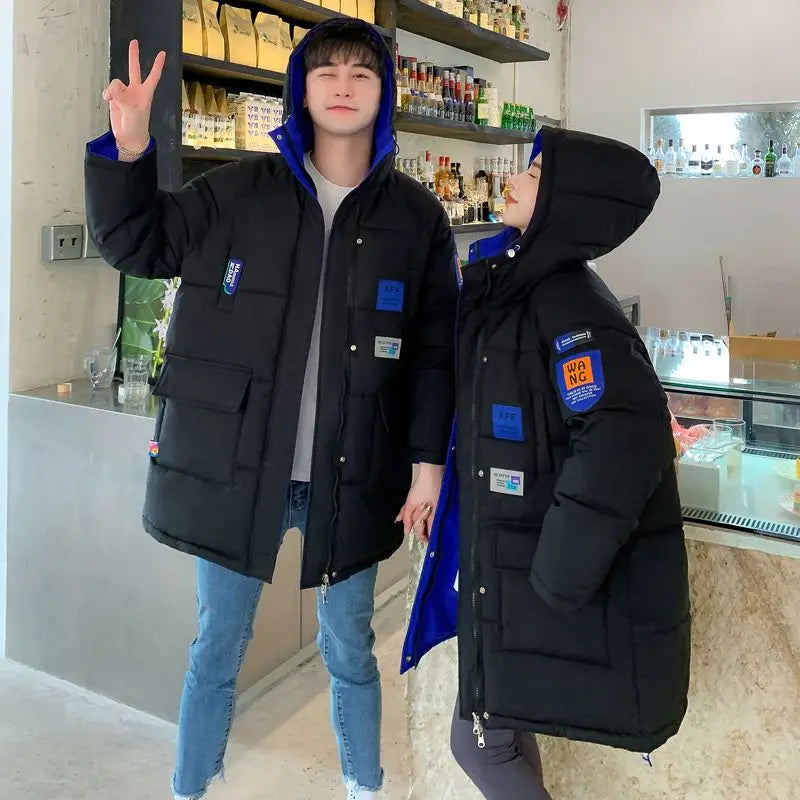 Unisex Winterjacke gepolstert mit Kapuze Schwarz Blau Wendbar