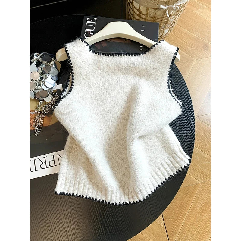 Damen Strickweste Ärmellos mit Schleife und Wellenkante