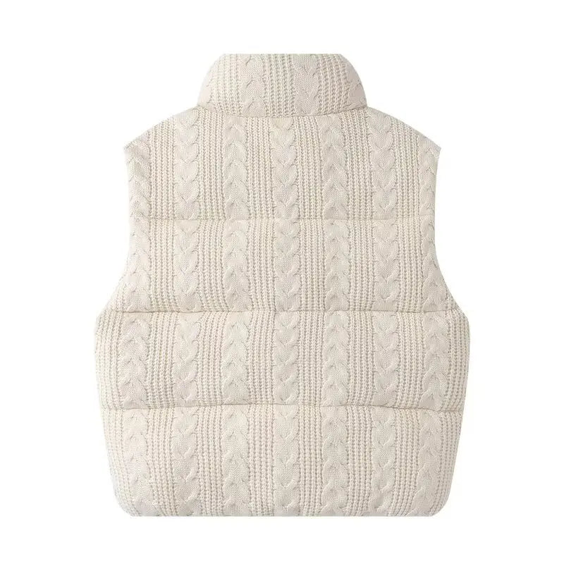 Gepolsterte Strickweste für Damen mit Zopfmuster und Stehkragen, Reißverschluss