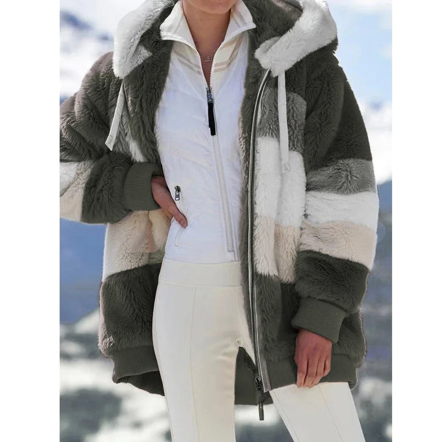 Damen Hoodie Jacke Fleece Winterjacke mit Kapuze Farbenblock