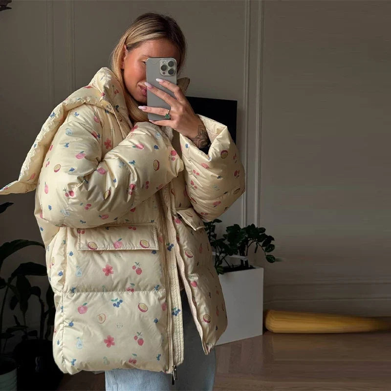 Damen Steppjacke mit Kapuze & Fäustlingen, lockere Passform, gepolstert, mit Reißverschluss & Muster