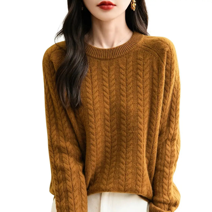 Damen Pullover Zopfmuster Rundhals Langarm Strickpullover