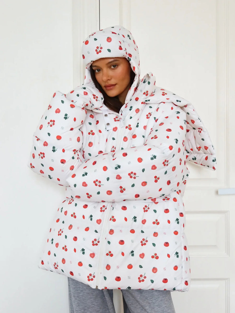 Damen Steppjacke mit Kapuze & Fäustlingen, lockere Passform, gepolstert, mit Reißverschluss & Muster