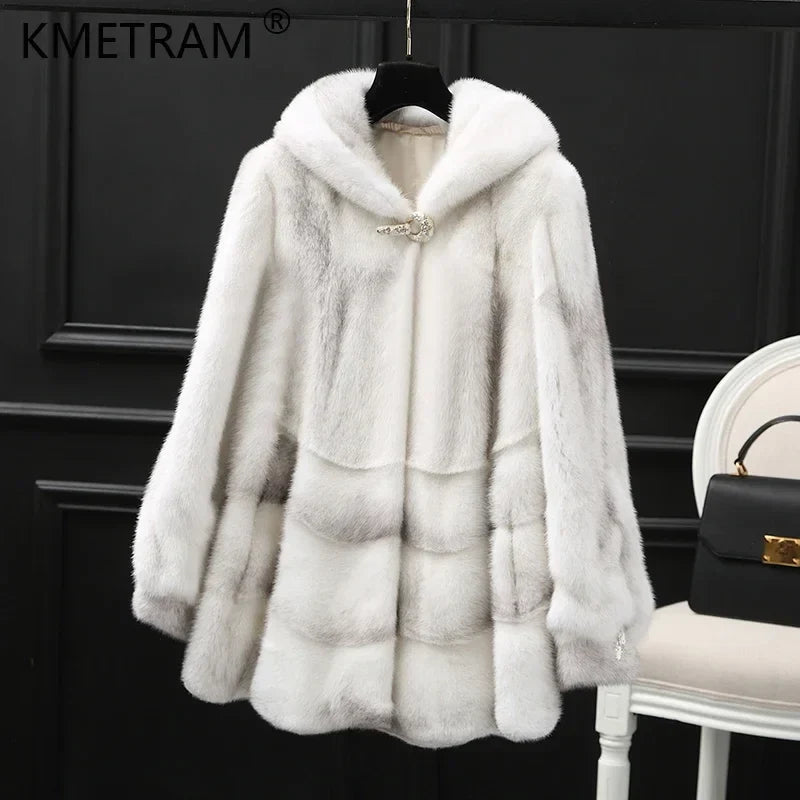 Damen Kurzmantel Kapuze Kunstfell Weiß Beige Gestreift