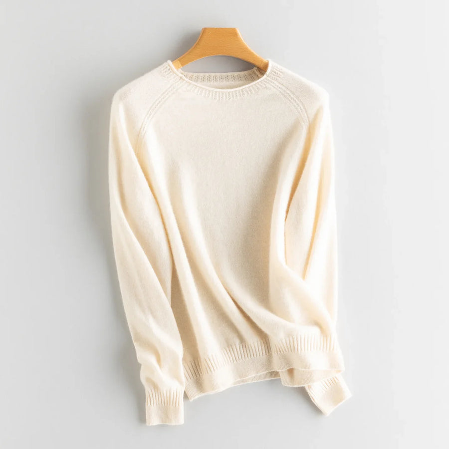 Damen Rundhals Pullover Rosa Raglanärmel Strickdetails