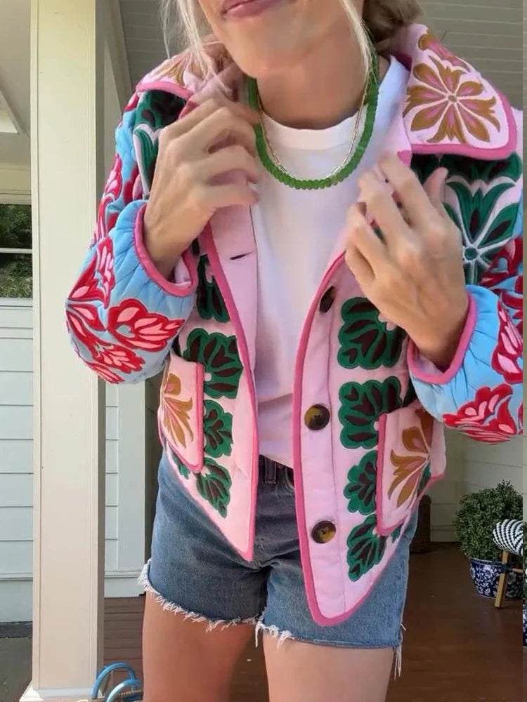 Damen Steppjacke mit Blumenmuster, Bunt, Kurz