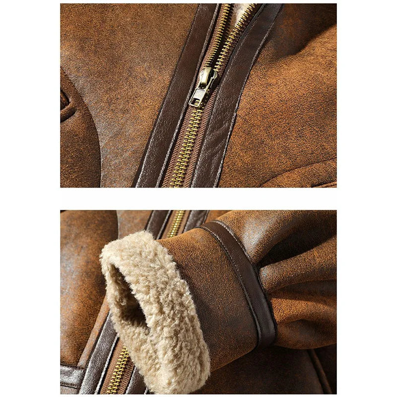 Herren Pilotenjacke Braun mit Teddyfutter Reißverschluss Warm