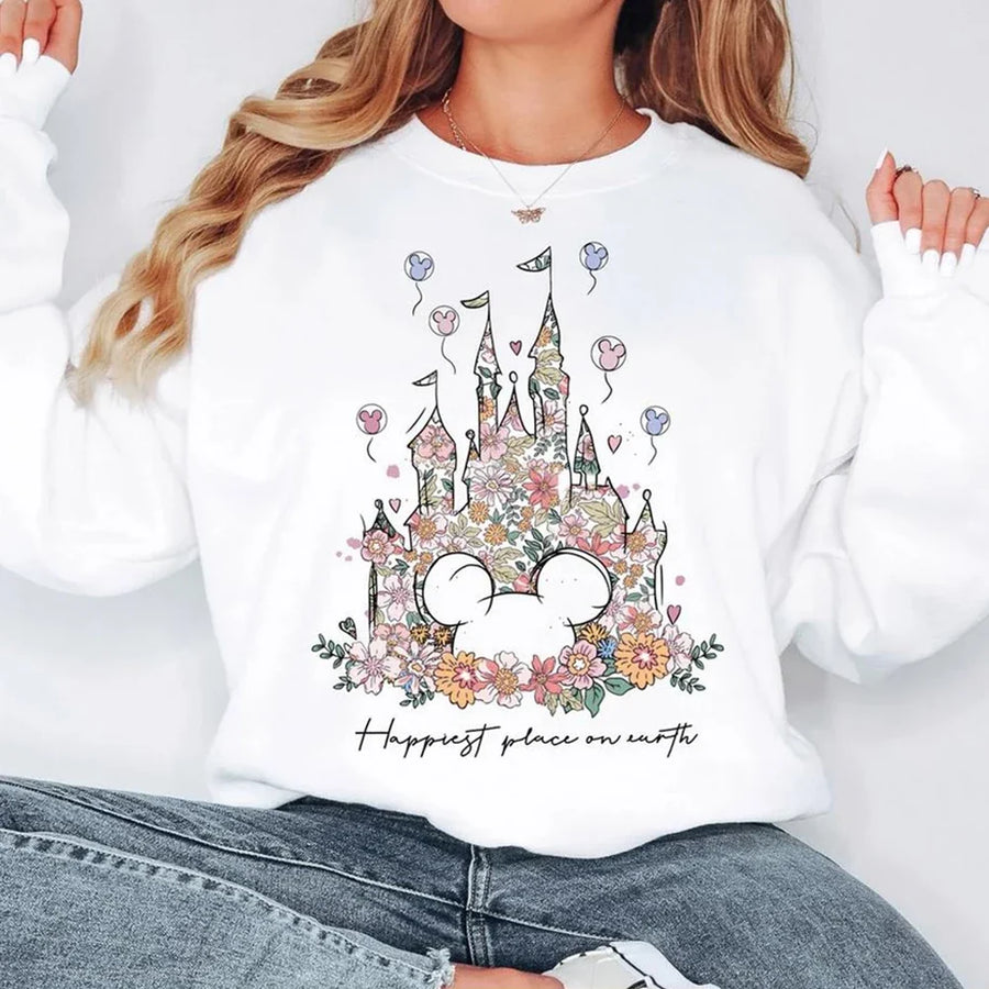 Damen Sweatshirt mit Rundhalsausschnitt und floralem Schloss-Print, Langarm