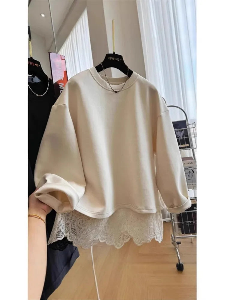 Damen Sweatshirt mit Spitze am Rücken Offen Beige