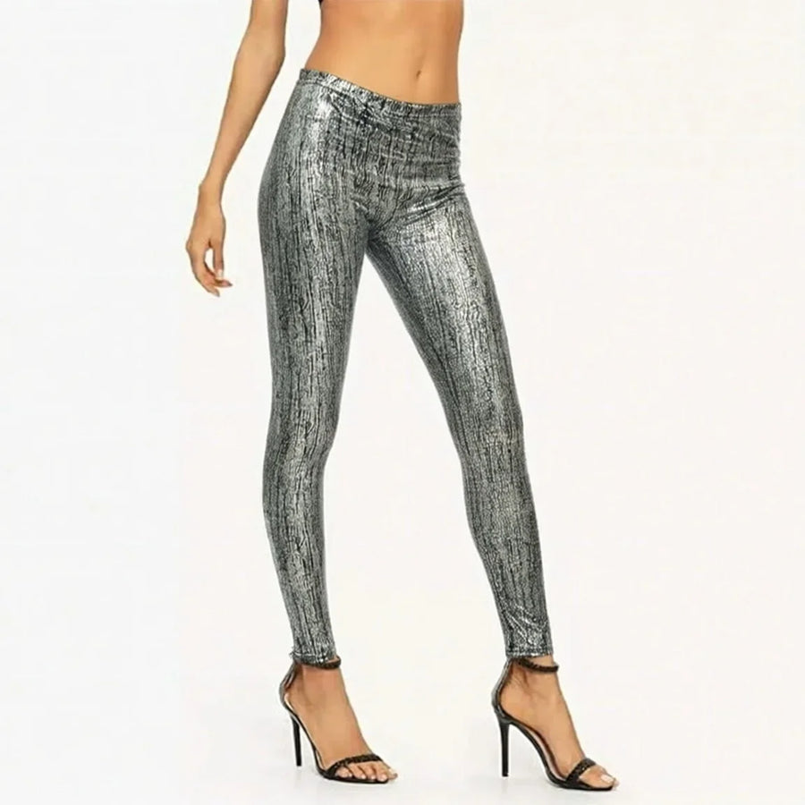 Zilverkleurige metallic dameslegging, glanzend, gestructureerd, hoge taille