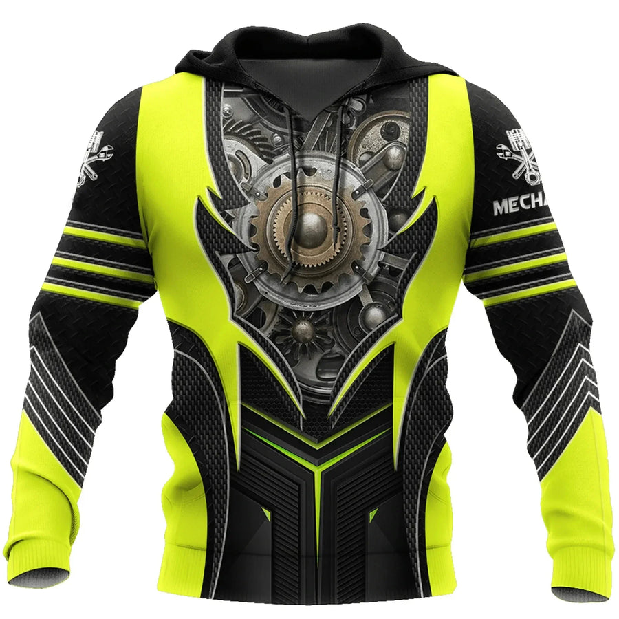 Kapuzenpullover Herren Hoodie Mechaniker-Design Motor Kolben Werkzeug Schwarz Grau