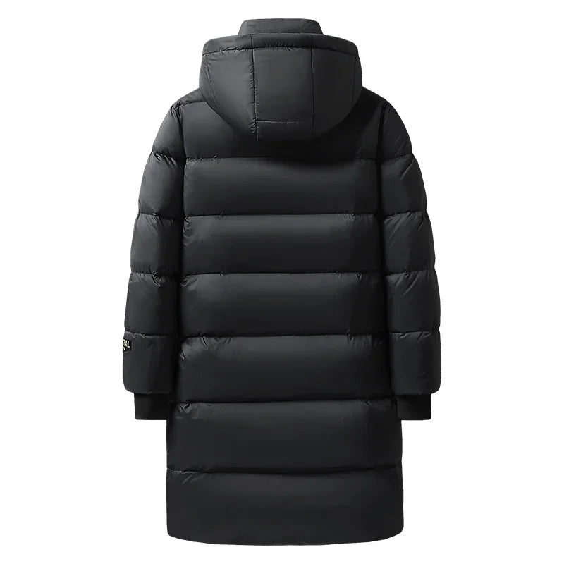 Langer Schwarzer Steppmantel mit Kapuze für Herren Winter Warm Parka