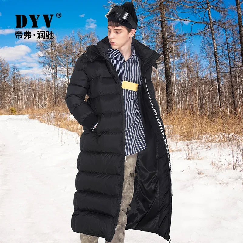 Langer Schwarzer Herren Steppmantel Winter Steppjacke mit Kapuze