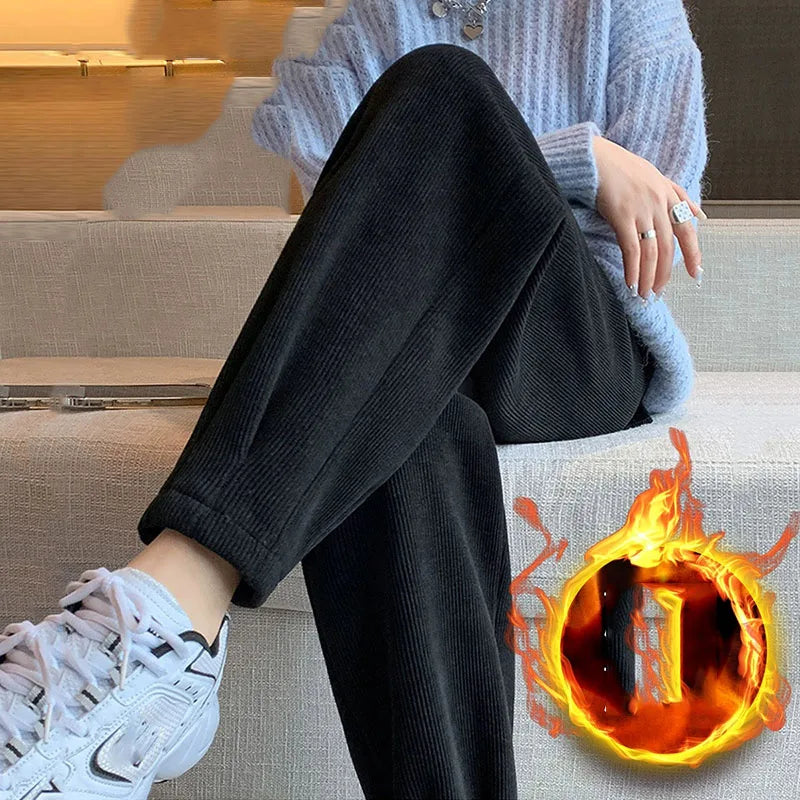 Uniseks corduroy winterbroek, comfortabel, gevoerd, warme vrijetijdsbroek, crème