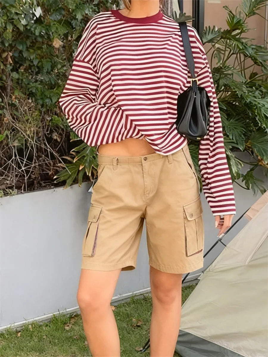 Gestreept dames-shirt met lange mouwen, oversized, ronde hals, casual crop top
