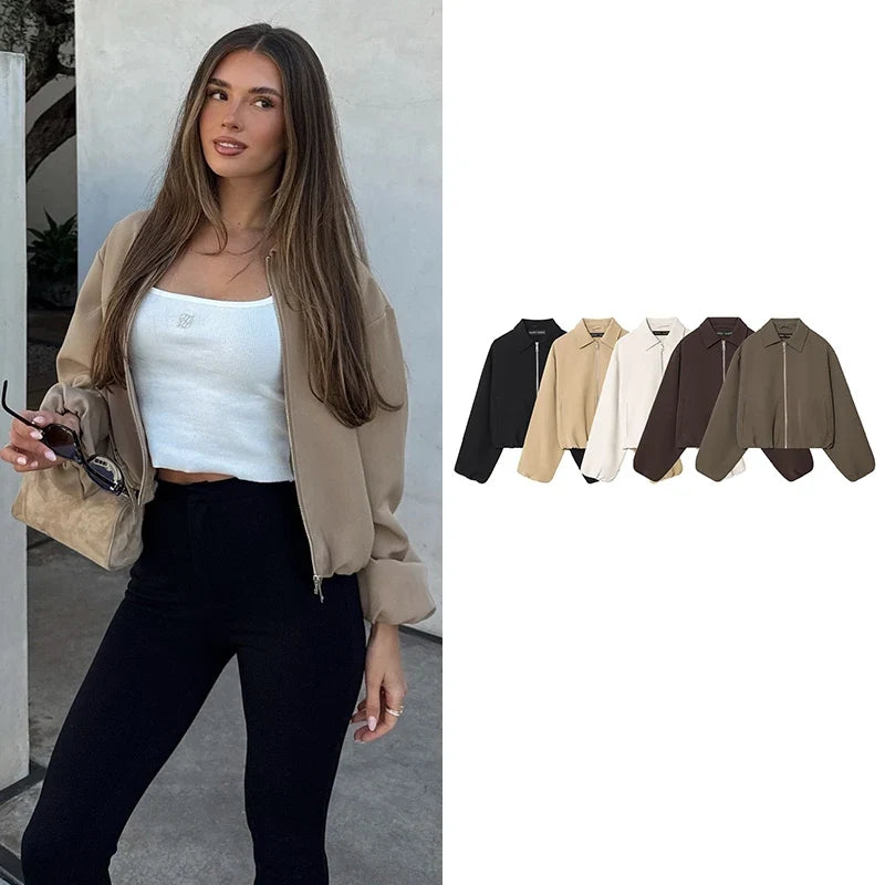Damen Kurzjacke mit Reißverschluss & Kragen, weite Ärmel, Beige