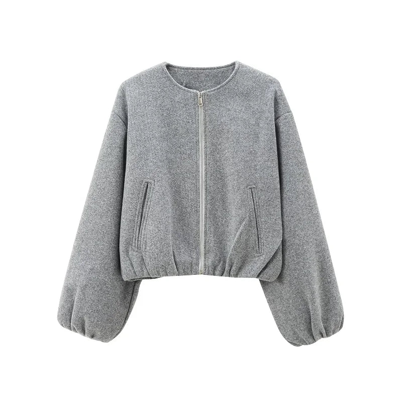 Damen Kurzjacke mit Reißverschluss, Rundhals und Ballonärmeln