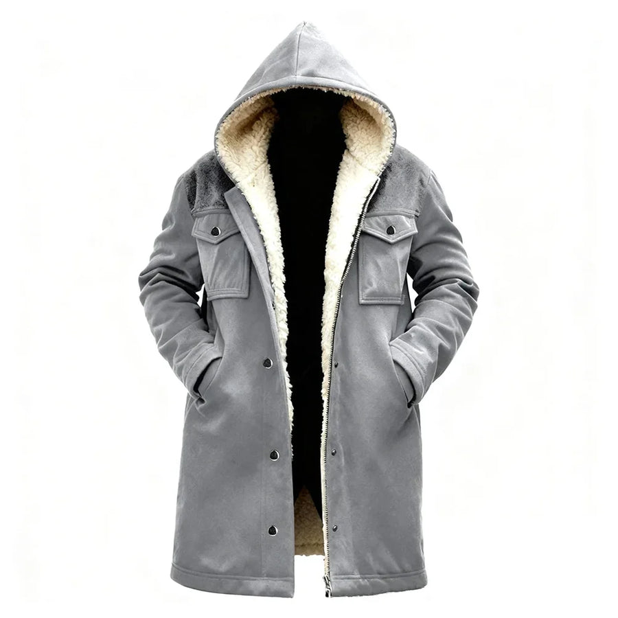 Herren Winterparka mit Kapuze und Teddyfutter, lange Übergangsjacke mit Knopfleiste