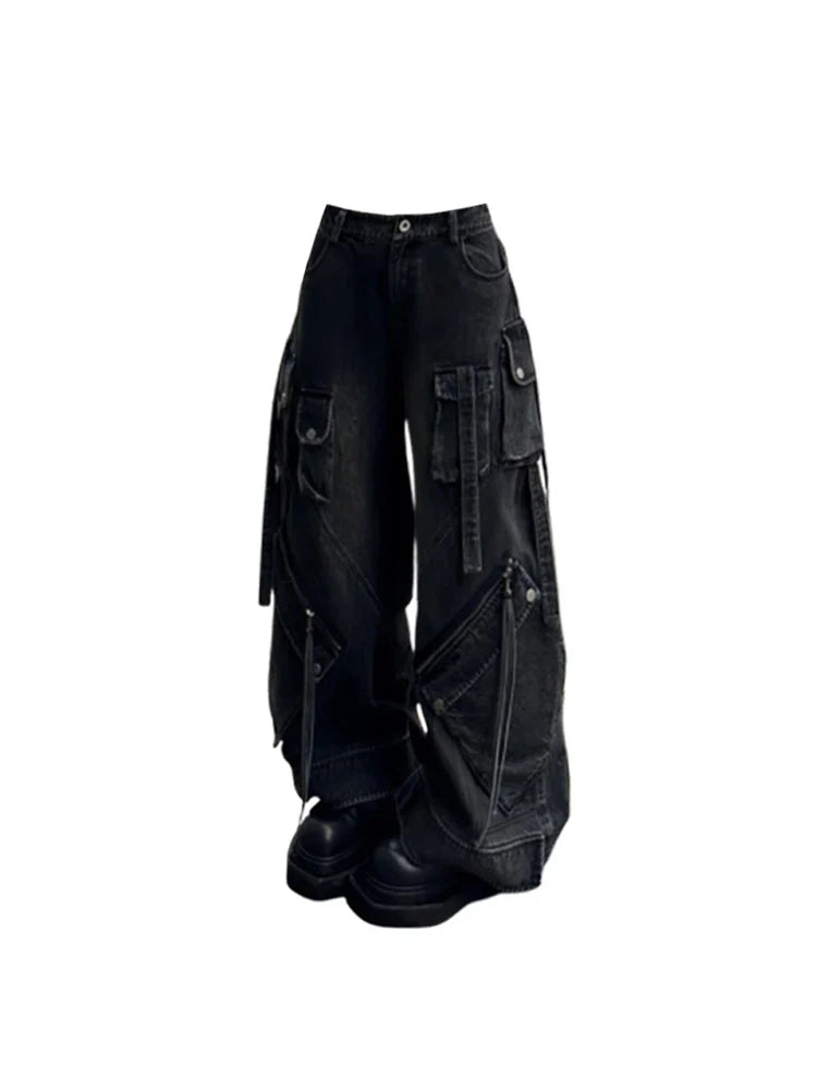 Loose Fit Cargo-Jeans für Damen, weite Passform, mehrere Taschen, dunkles Grau