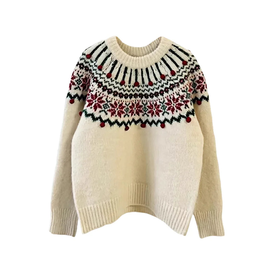Dames gebreide pullover met Scandinavisch patroon, col en pompons, crème-wit