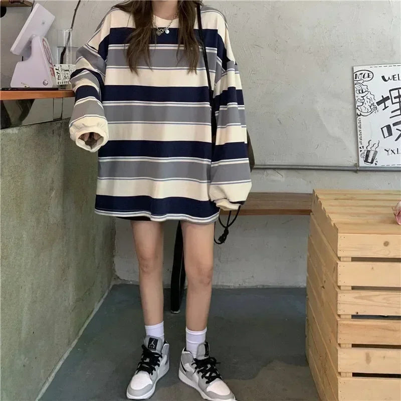 Gestreept damesshirt met lange mouwen, oversized, ronde hals, casual top