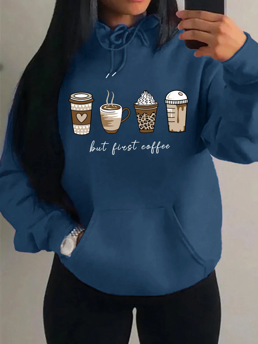 Dameshoodie met "But First Coffee"-opdruk en kangoeroezak