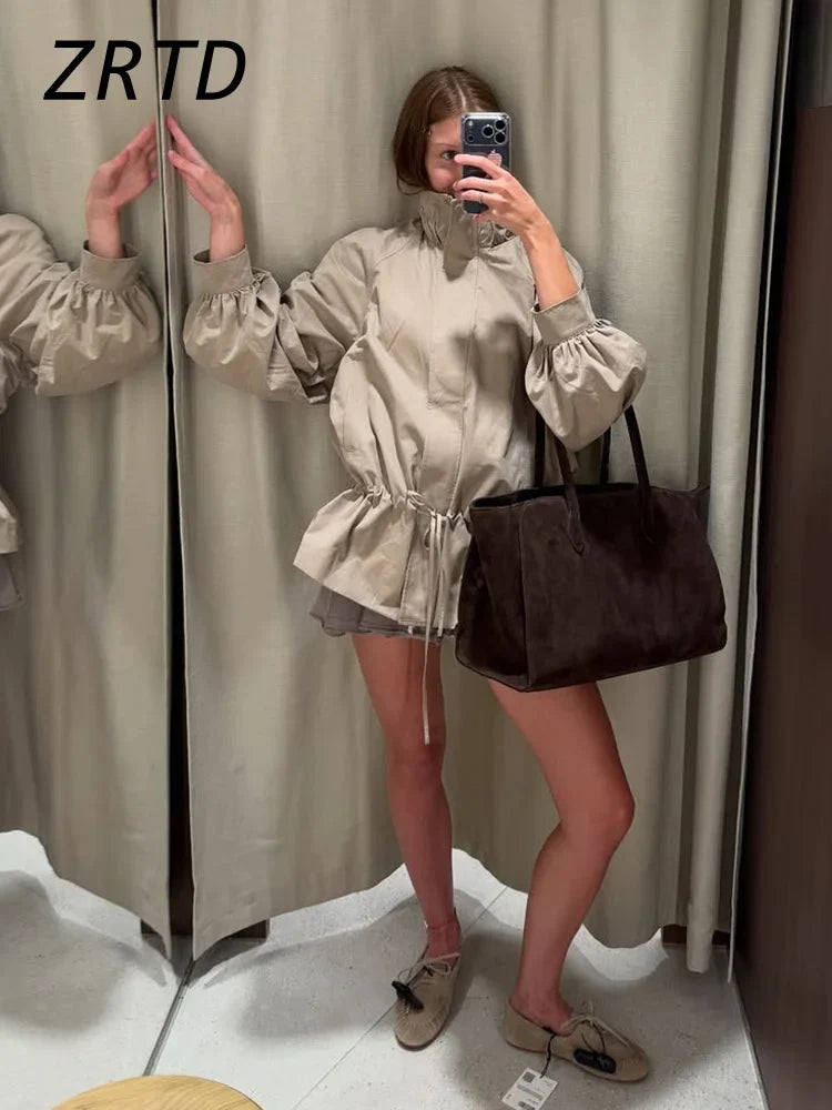 Damen Jacke Beige mit Tunnelzug Ballonärmel Stehkragen Kurz Übergangsjacke