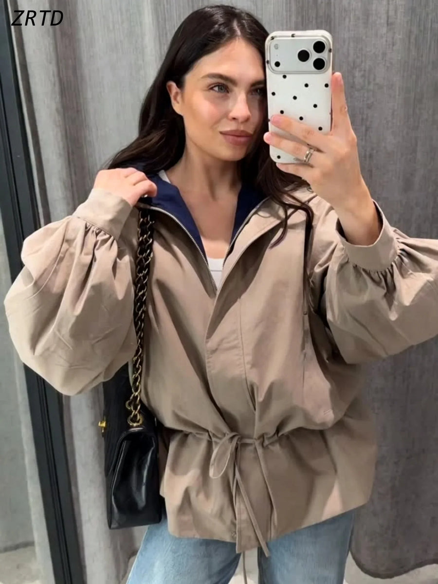Damen Jacke Beige mit Tunnelzug Ballonärmel Stehkragen Kurz Übergangsjacke
