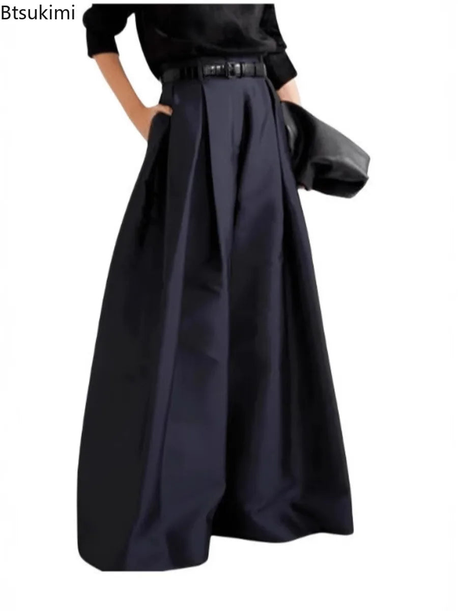 Damen Culotte Hose Weites Bein Hoher Bund Falten Uni Farbe