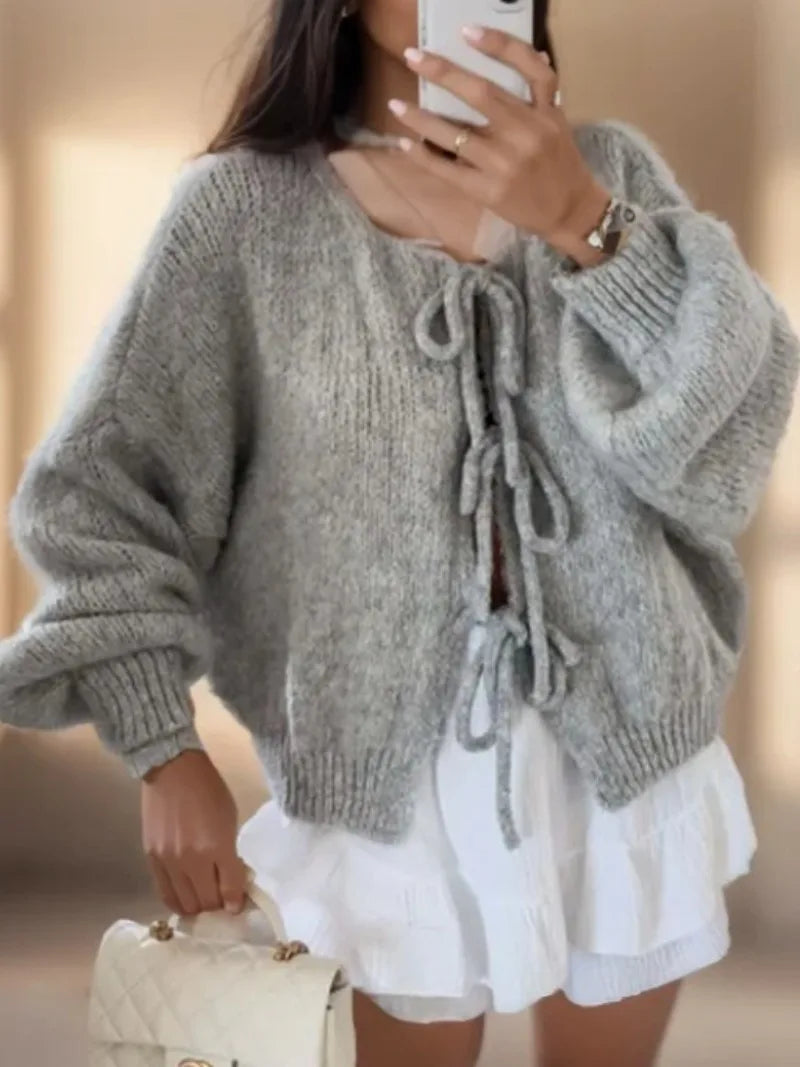 Damen Strickjacke mit Schleifendetails und Puffärmeln
