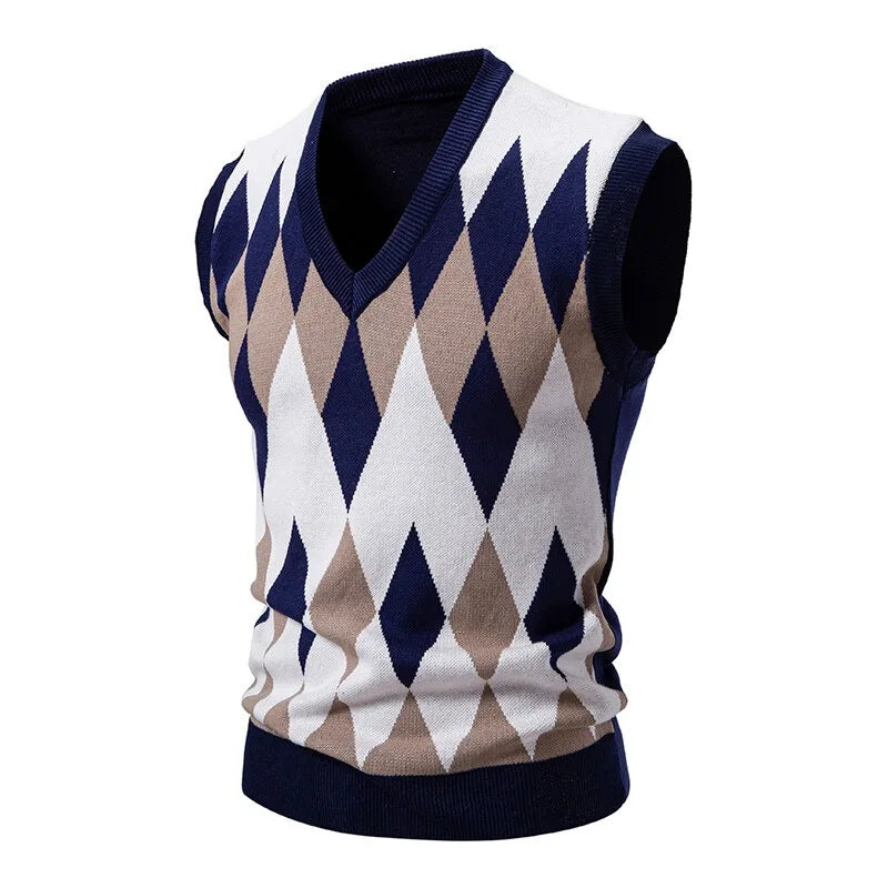 Heren Argyle-tricotvest met V-hals, mouwloze pullover