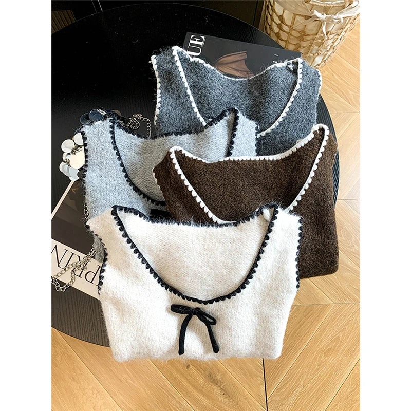 Damen Strickweste Ärmellos mit Schleife und Wellenkante
