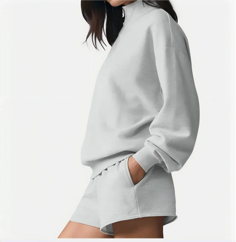 Damen Sweatshirt & Shorts Set Hellgrau mit Reißverschluss