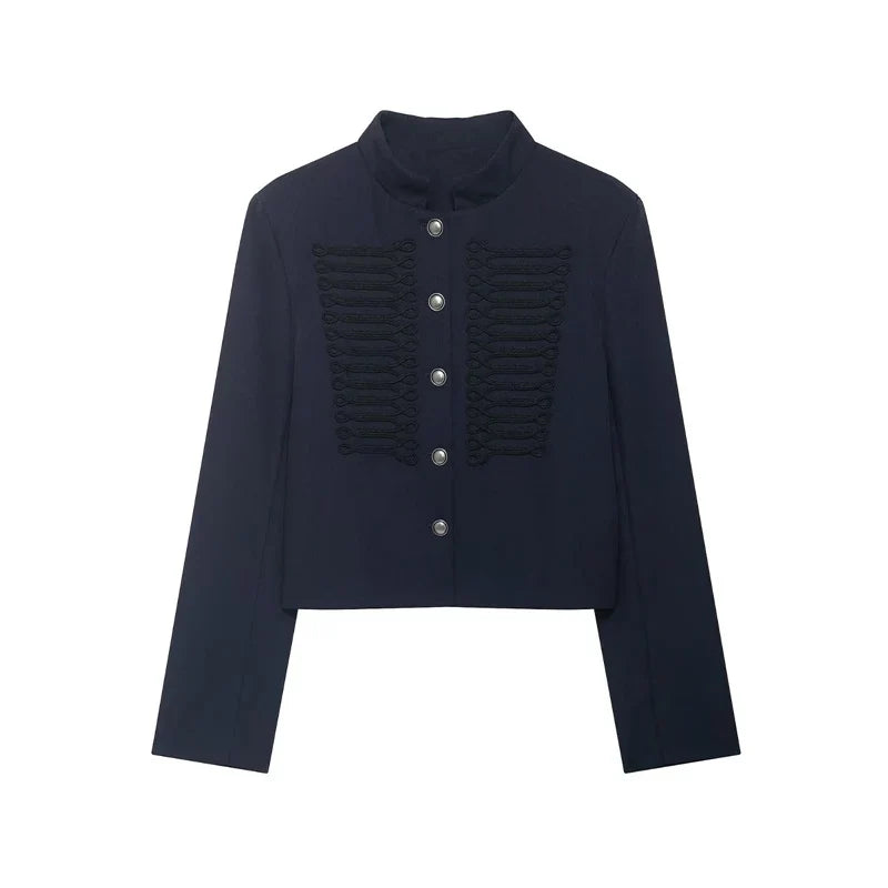 Kurze Militärjacke Damen Dunkelblau mit Stehkragen und Zierknöpfen