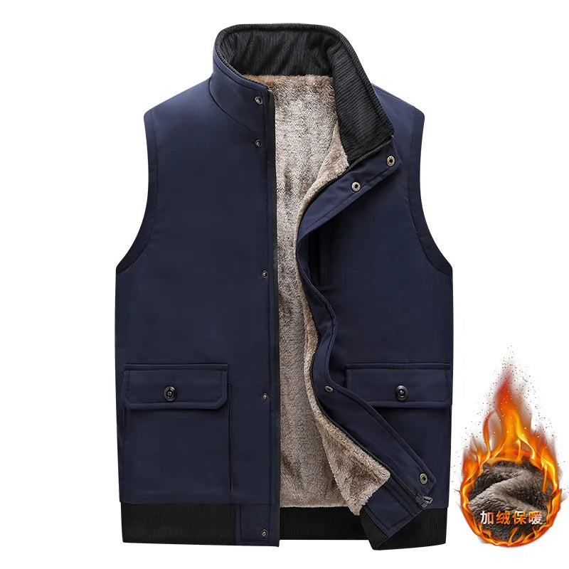 Herenbodywarmer met pluche voering, knoopsluiting en V-hals, olijfgroen