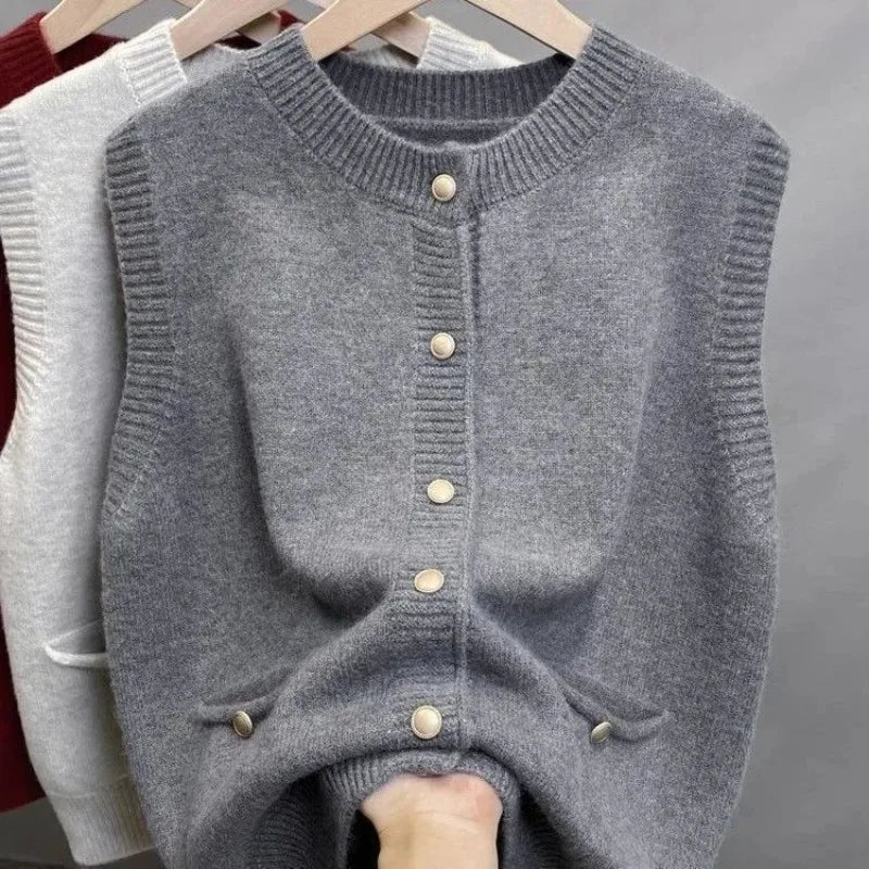 Damen Strickweste Ärmellos mit Knöpfen Rot