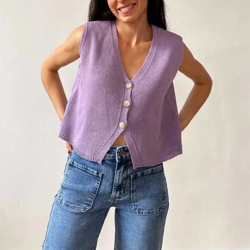 Damen Strickweste mit V-Ausschnitt und Knopfleiste