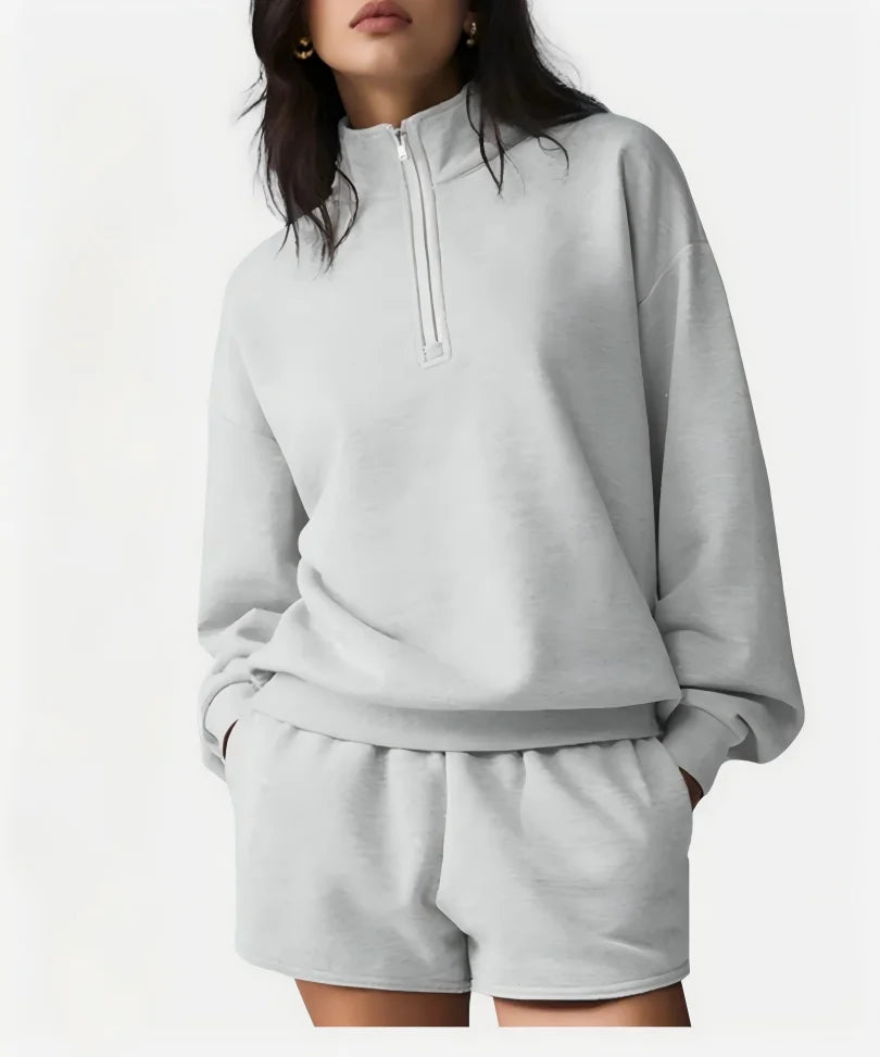 Damen Sweatshirt & Shorts Set Hellgrau mit Reißverschluss