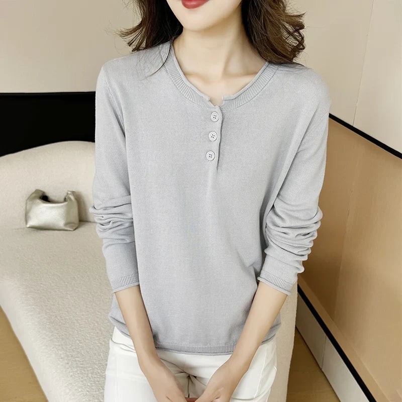 Damen Henley-Pullover Langarm mit Knopfleiste