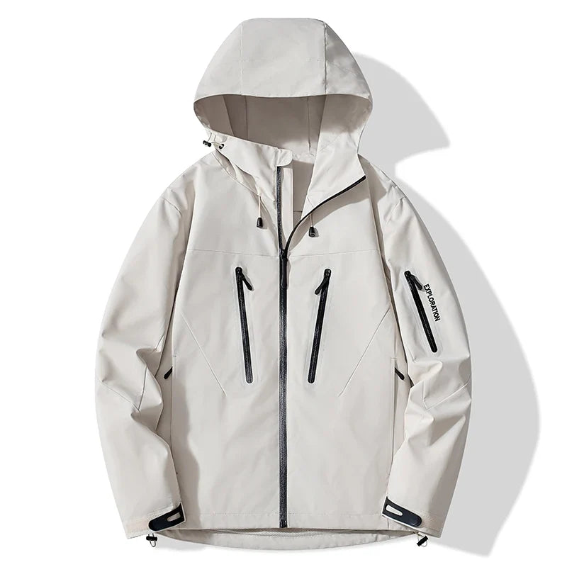 Unisex Outdoorjacke mit Kapuze, Reißverschlusstaschen und Kontrastdetails