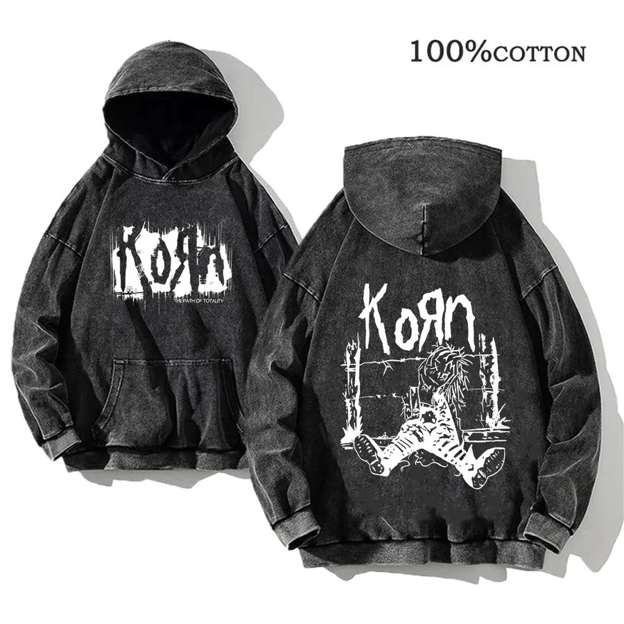Korn Band Hoodie Unisex Washed Schwarz Kapuzenpullover Oversize