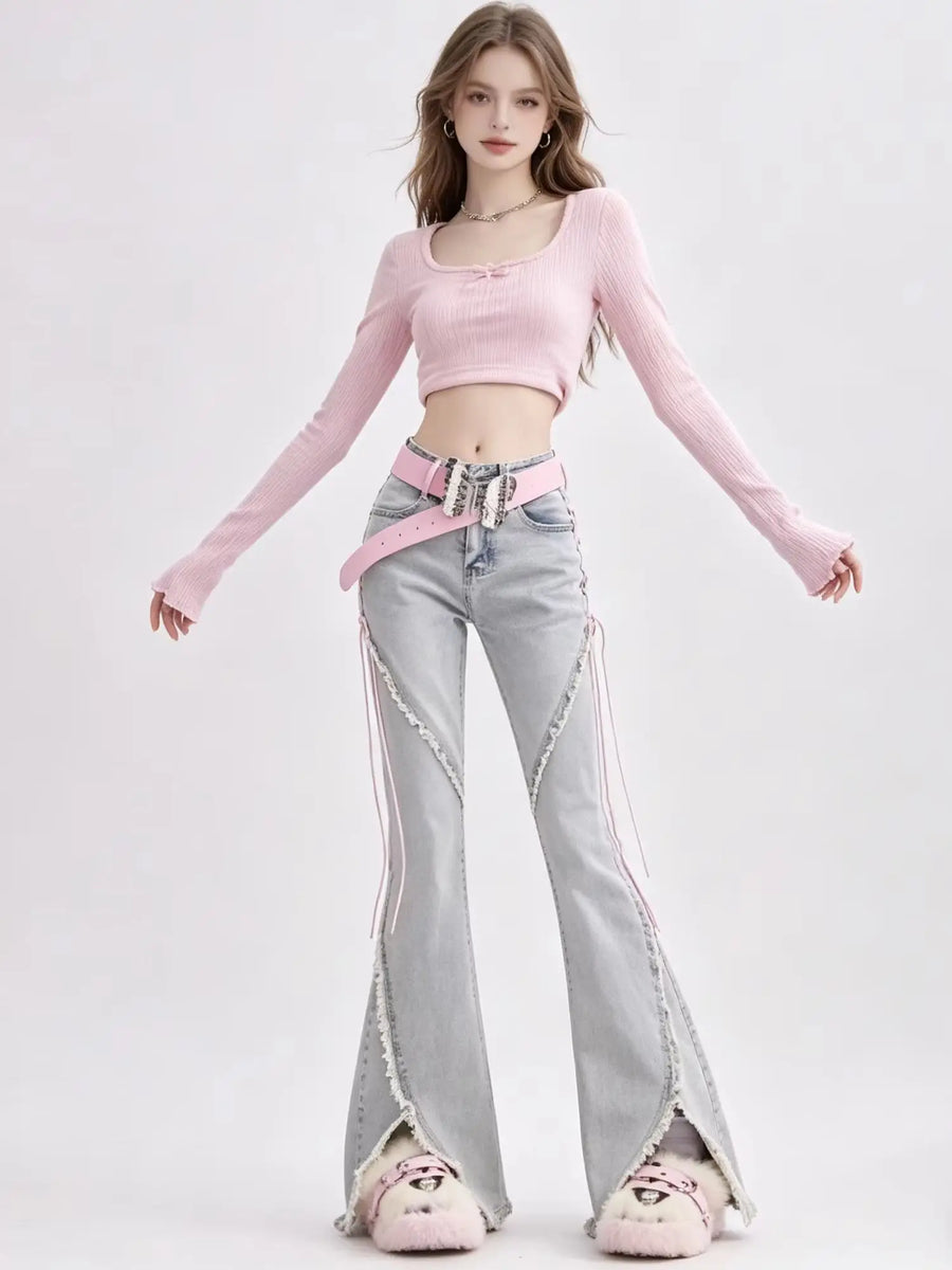 Dames-bell-bottombroek met veterdetails, lichtblauw, wijde pijpen, used-look
