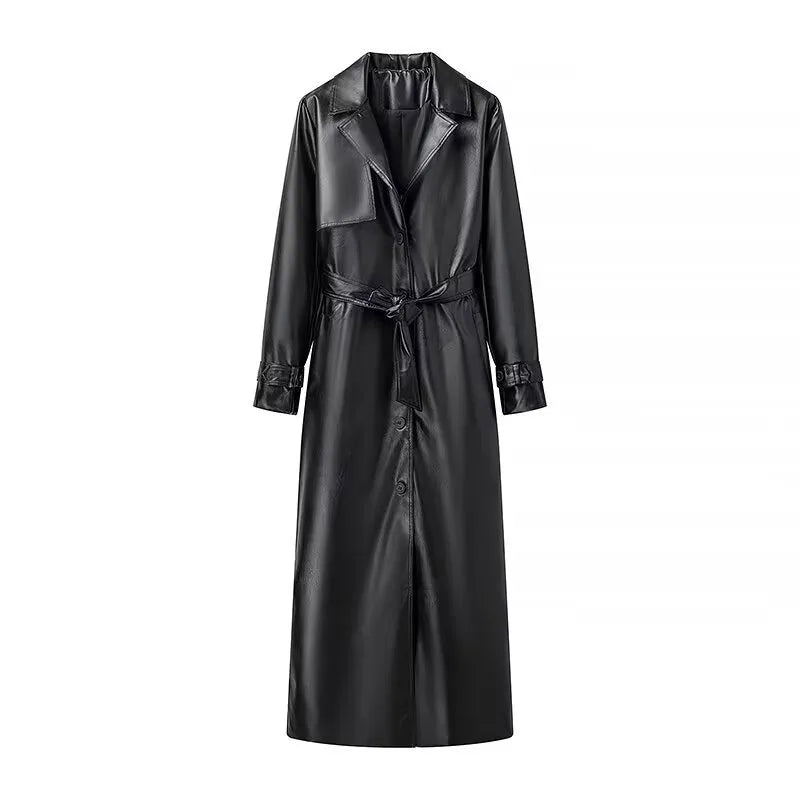 Damen Trenchcoat in Lederoptik mit Bindegürtel Langarm