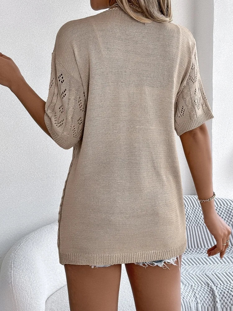 Damen Strick-Cardigan mit kurzen Ärmeln, offener Vorderseite, Lochmuster, Beige