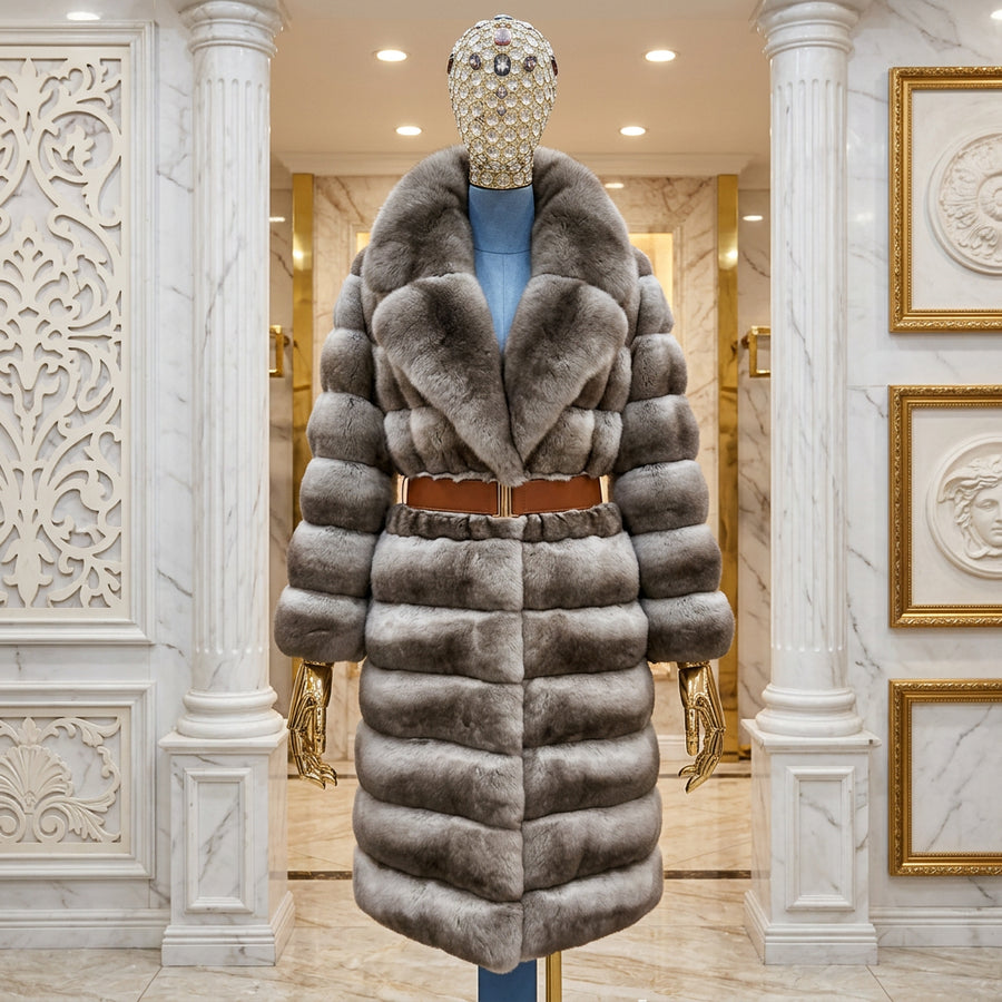 Luxe damesmantel met lange mouwen van imitatiebont, zachte kraag, beige-grijs gestreept