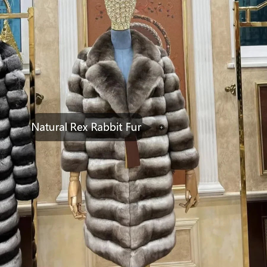 Damen Luxus Mantel Langarm Kunstpelz Weicher Kragen Beige-Grau Gestreift