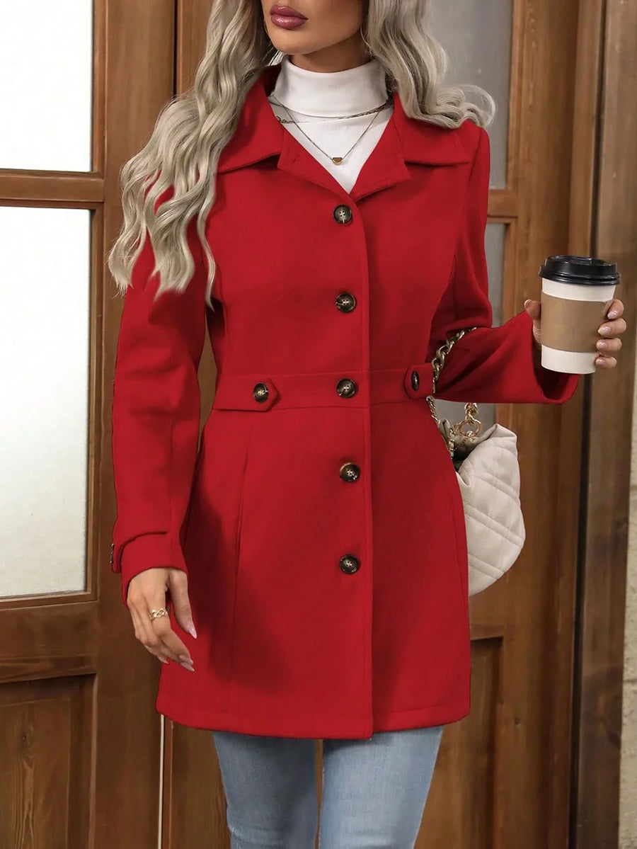 Damen Kurzmantel Grau mit Knöpfen & Taillengürtel-Details, Langarm Jacke