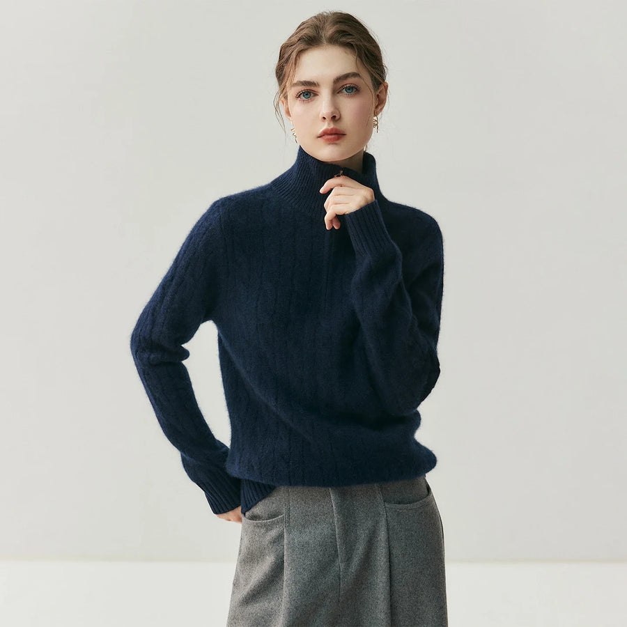 Damen Strickpullover Zopfmuster Halb-Reißverschluss Rollkragen